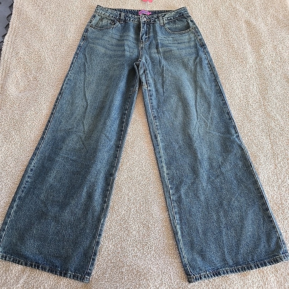 Edikted Wide Leg Jeans Blue Washed Denim High Waist Pockets Medium M Baggy Y2K